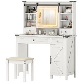 HOMCOM Vanity Desk Set with Mirror and Lights, Cushioned Stool, Storage Drawer, Cabinet, Shelves for Bedroom, White
