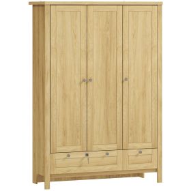 HOMCOM 3 Doors Wardrobe Closet with 2 Drawers, Bedroom Armoire with Lockable Drawer, Hanging Rod and Storage Shelves, Natural