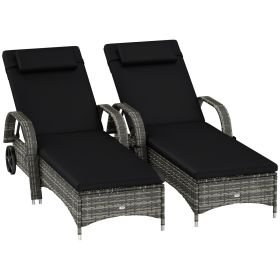 2 Reclining Chaise Lounge Chairs, Rolling Outdoor Chairs With Cushion, Pillow, Headrest, Armrests, And Wheels, Black (Color: black)