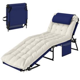 Folding Chaise Lounge Pool Chair With 4-level Reclining Back, Cushion, Side Pocket, Headrest, Navy Blue (Color: Blue)