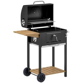 Charcoal BBQ Grill, Outdoor Portable Cooker For Camping Or Backyard Picnic, Barbecue Grill With Side Table, Bottom Storage Shelf, Wheels And Hand (Color: black)